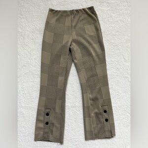 Zara W/B Sz L wide leg beige black Herringbone pants snap/button Hem Stretchy